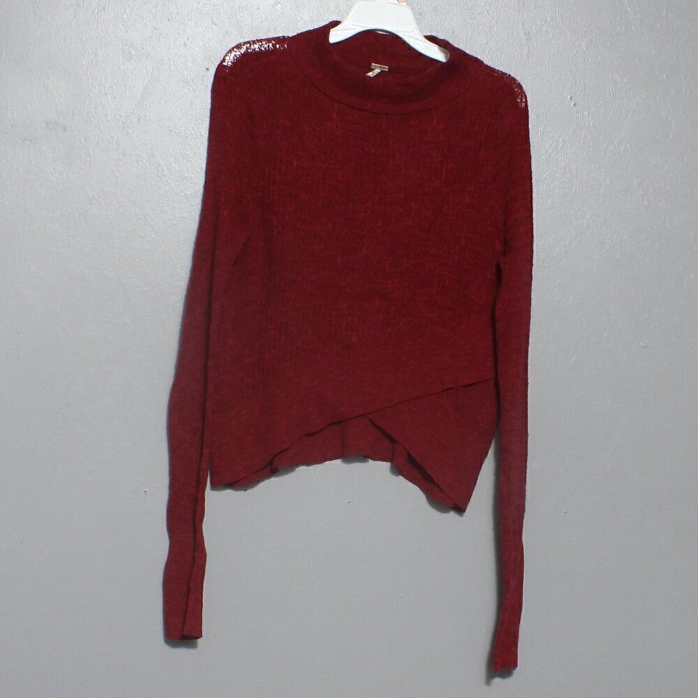 Free people burgundy red linen blend mock neck cross over sweater